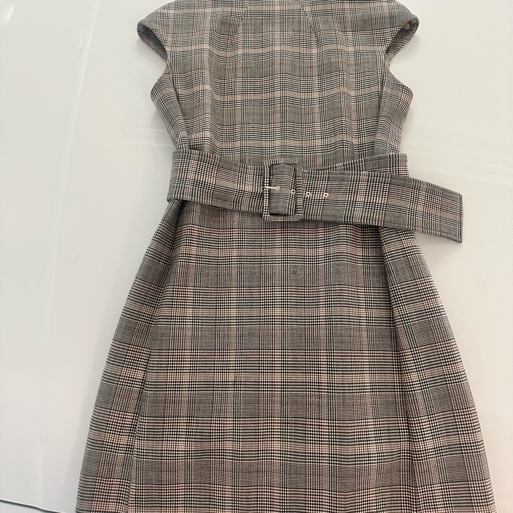 Theory Gray and Cream Plaid Sleeveless Midi Dress with Belt